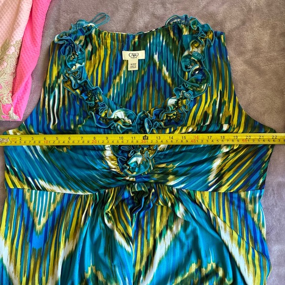 Cato Woman Blue Yellow Chevron Ikat Ruffle V-Neck Maxi Dress Plus Size 18/20W - Picture 6 of 8
